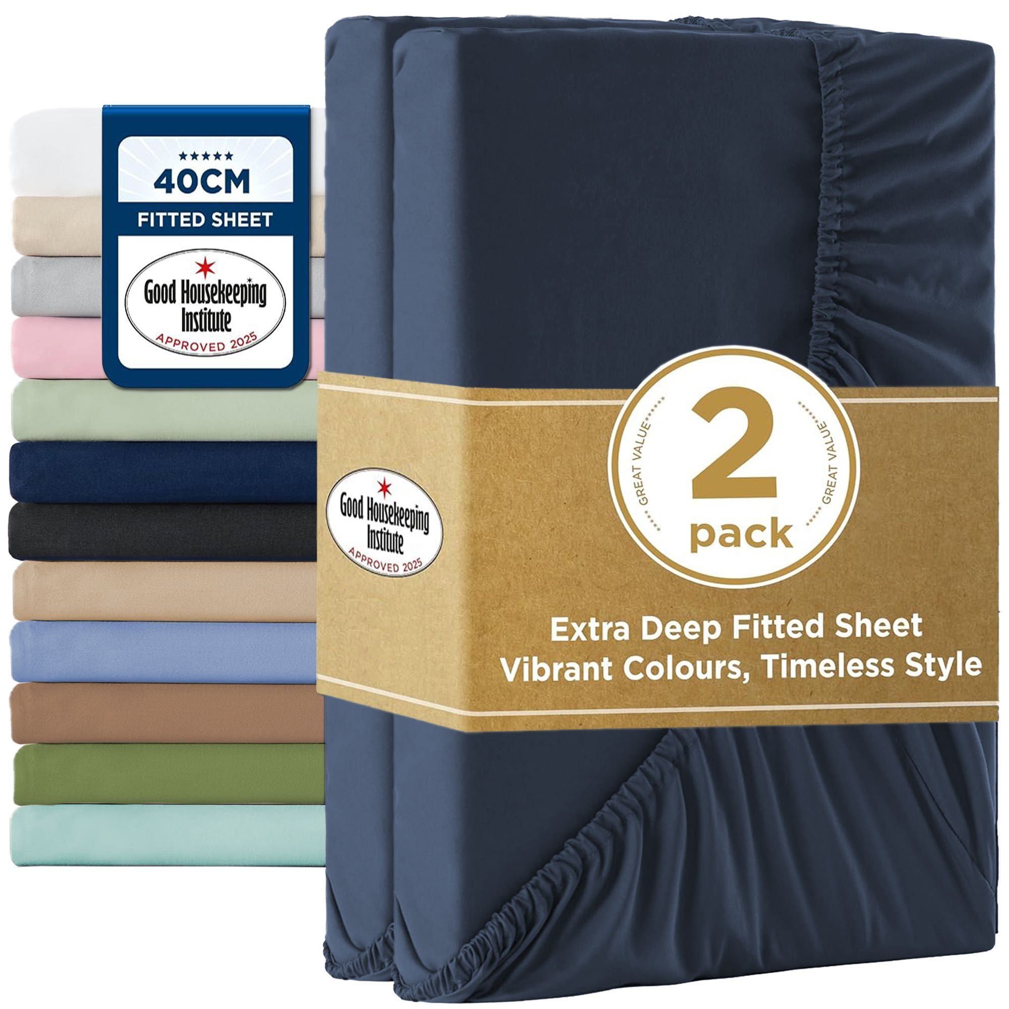 2000TC Hotel Quality Fitted Sheets - 2 Piece Fitted Sheets -Breathable Bedding - Wrinkle, Fade, Stain Resistant- 16inch/40cm Deep Pocket Fitted Bed Sheets-Wrinkle and Fade Resistant,(Navy,Double)